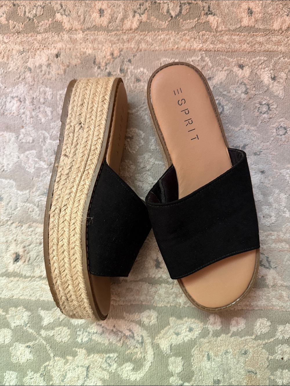 Esprit Black Espadrille Slide Mules with Tan Footbed